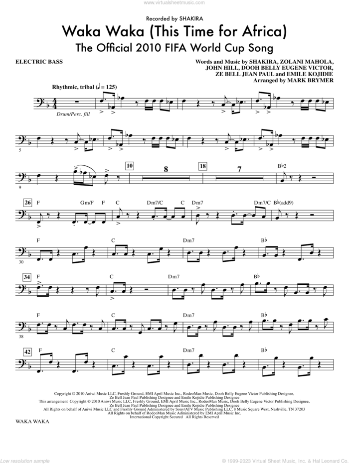Waka Waka (This Time For Africa), the official 2010 fifa world cup song sheet music for orchestra/band (bass) by John Hill, Dooh Belly Eugene Victor, Emile Kojidie, Shakira, Za Bell Jean Paul, Zolani Mahola and Mark Brymer, intermediate skill level