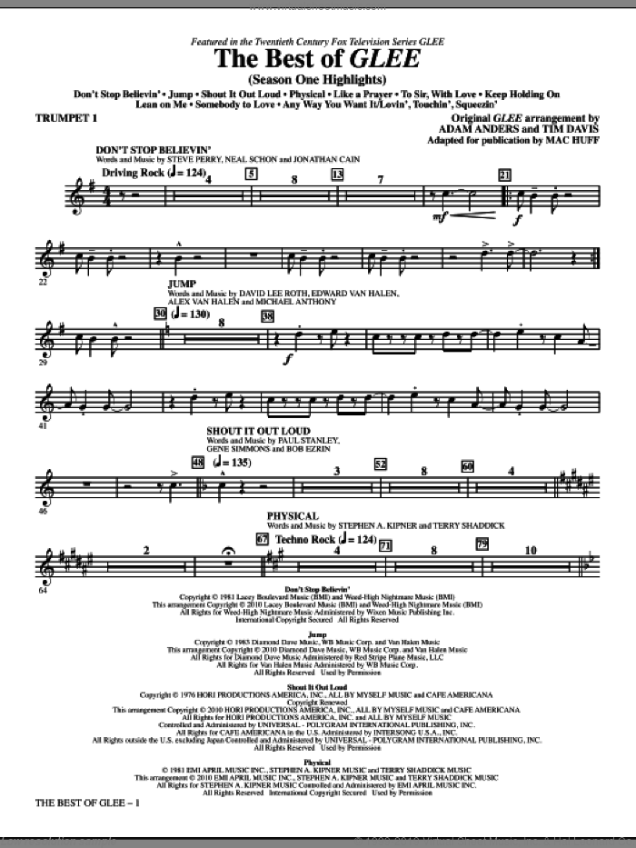 The Best Of Glee (Season One Highlights) (complete set of parts) sheet music for orchestra/band by Mac Huff, Adam Anders, Glee Cast, Miscellaneous and Tim Davis, intermediate skill level