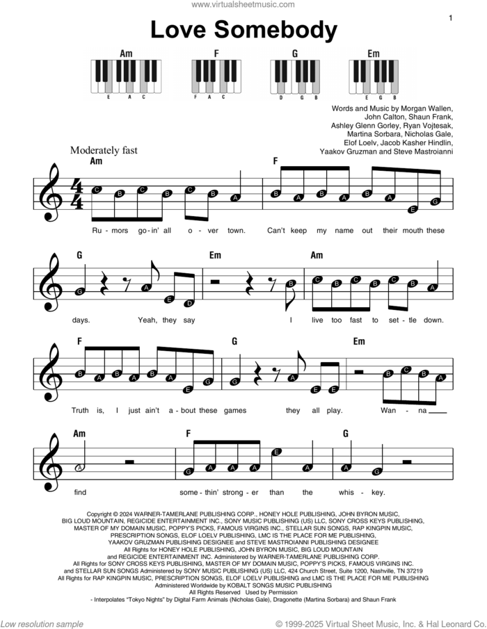 Love Somebody sheet music for piano solo by Morgan Wallen, Ashley Glenn Gorley, Elof Loelv, Jacob Kasher Hindlin, John Calton, Martina Sorbara, Nicholas Gale, Ryan Vojtesak, Shaun Frank, Steve Mastroianni and Yaakov Gruzman, beginner skill level