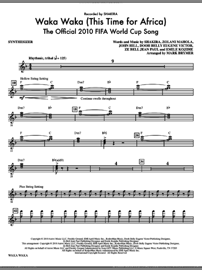 Waka Waka (This Time For Africa) - The Official 2010 FIFA World Cup Song (complete set of parts) sheet music for orchestra/band (Rhythm) by John Hill, Dooh Belly Eugene Victor, Emile Kojidie, Shakira, Za Bell Jean Paul, Zolani Mahola and Mark Brymer, intermediate skill level