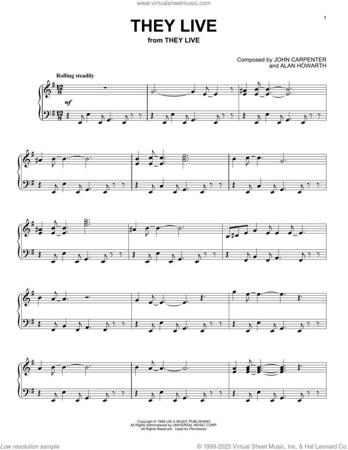 They Live sheet music for piano solo by John Carpenter and Alan Howarth, intermediate skill level