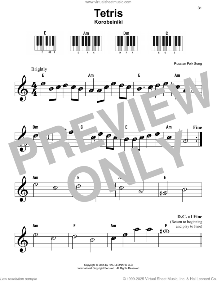 Korobeiniki Tetris Theme sheet music for piano solo, beginner skill level