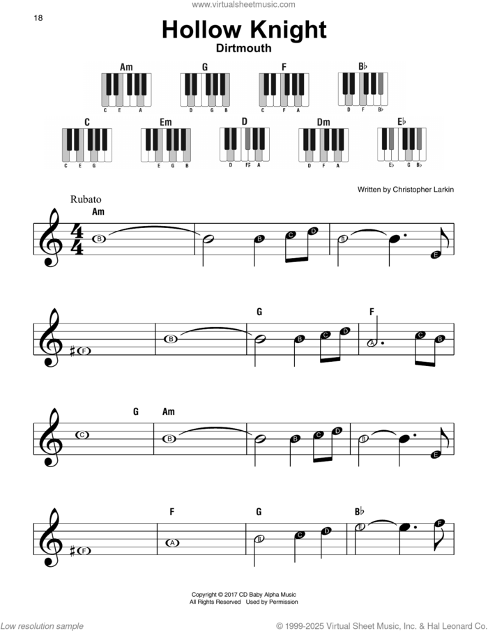 Dirtmouth (from Hollow Knight) sheet music for piano solo by Christopher Larkin, beginner skill level