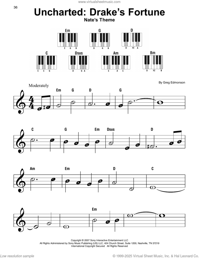 Uncharted: Nate's Theme sheet music for piano solo by Greg Edmonson, beginner skill level