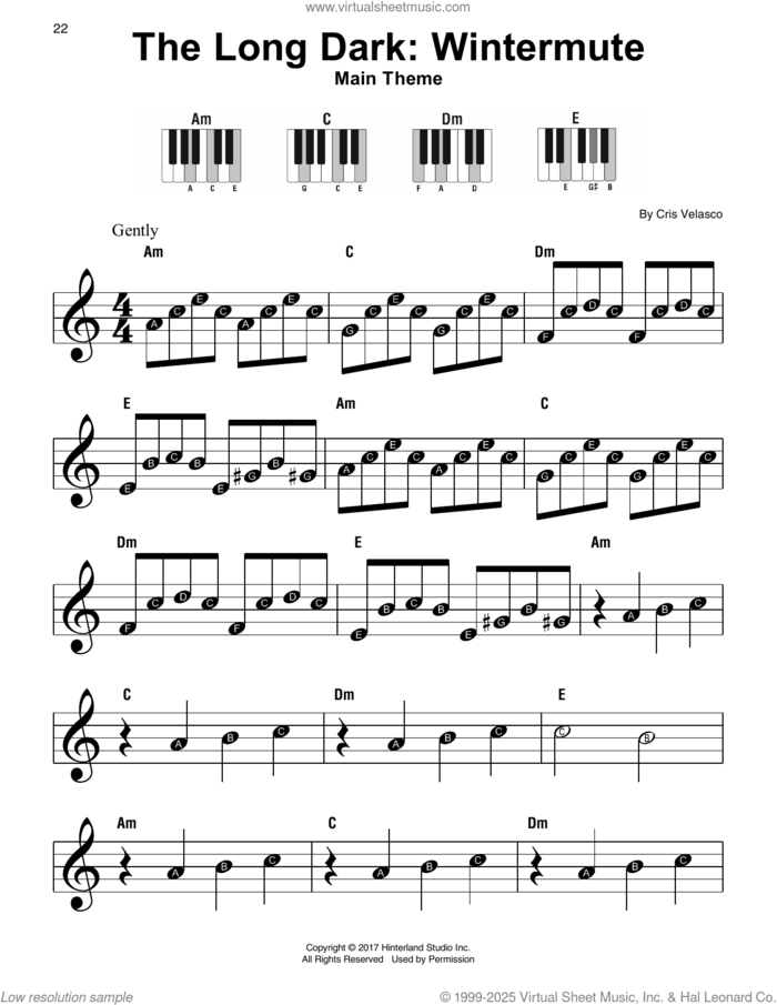 The Long Dark: Wintermute (Main Theme) sheet music for piano solo by Cris Velasco, beginner skill level