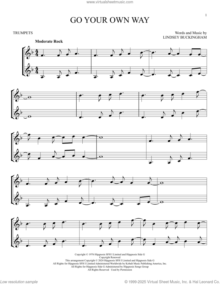 Go Your Own Way sheet music for two trumpets (duet, duets) by Fleetwood Mac and Lindsey Buckingham, intermediate skill level