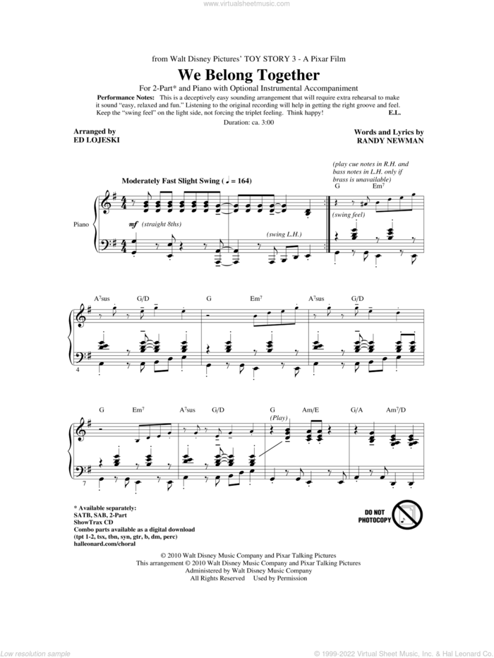 We Belong Together (from Toy Story 3) (arr. Ed Lojeski) sheet music for choir (2-Part) by Randy Newman and Ed Lojeski, intermediate duet