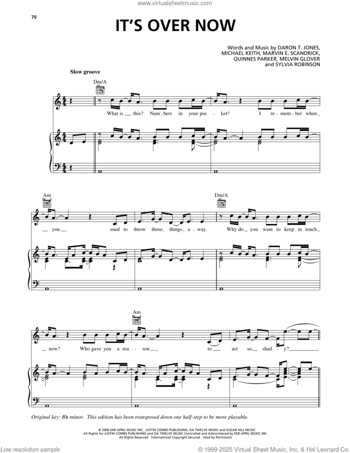 It's Over Now sheet music for voice, piano or guitar by 112, Daron T. Jones, Marvin E. Scandrick, Melvin Glover, Michael Keith, Quinnes Parker and Sylvia Robinson, intermediate skill level