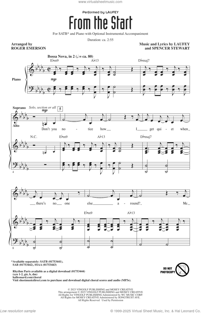 From The Start (arr. Roger Emerson) sheet music for choir (SATB: soprano, alto, tenor, bass) by Laufey, Roger Emerson and Spencer Stewart, intermediate skill level