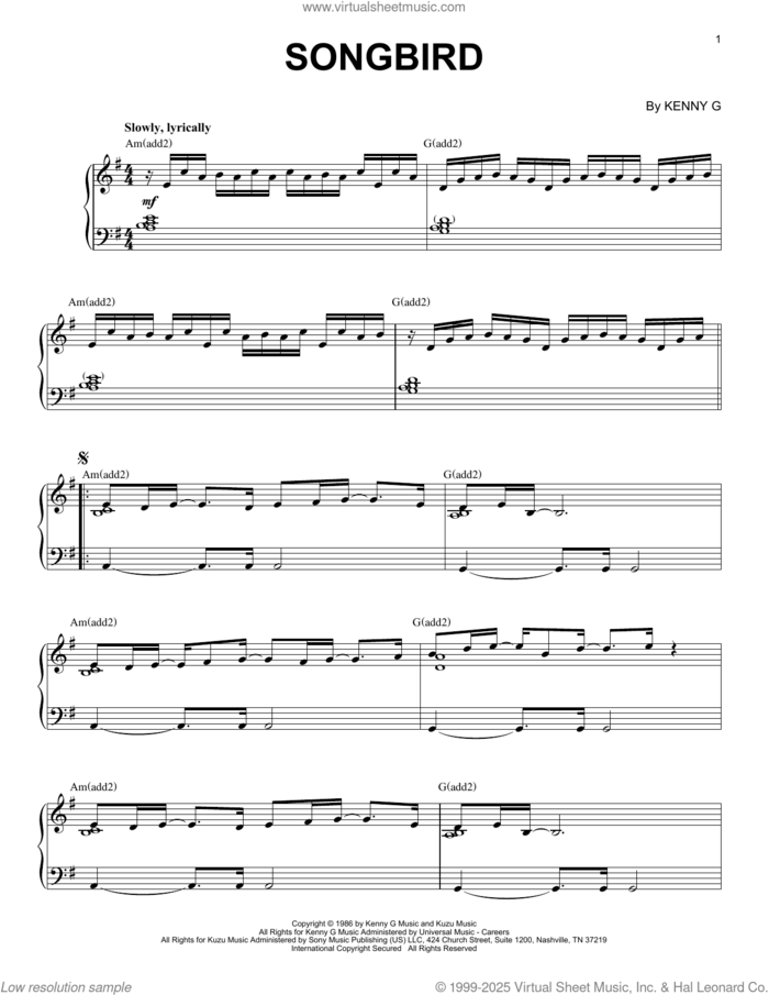 Songbird (arr. Larry Moore) sheet music for piano solo by Kenny G and Larry Moore, intermediate skill level