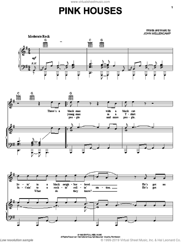 Pink Houses sheet music for voice, piano or guitar by John Mellencamp and Kid Rock, intermediate skill level