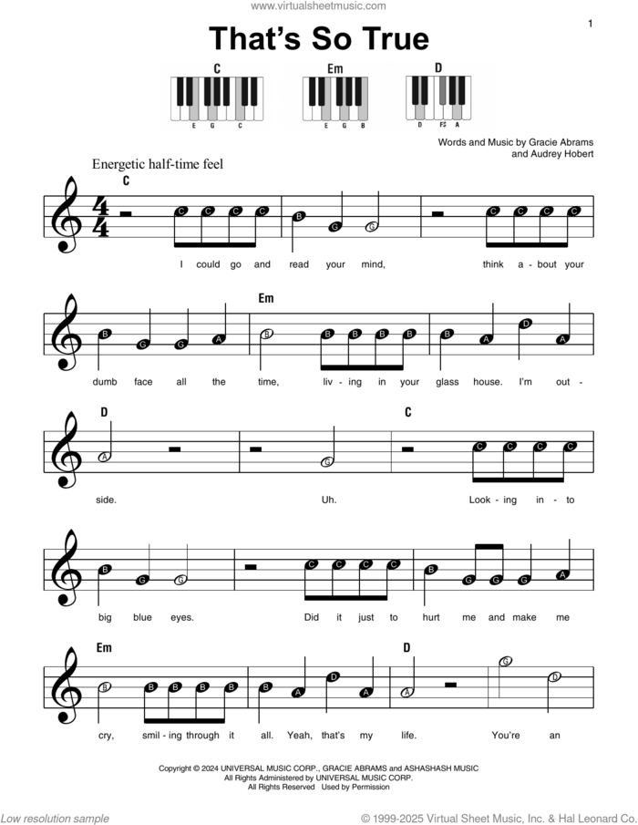 That's So True sheet music for piano solo by Gracie Abrams and Audrey Hobert, beginner skill level