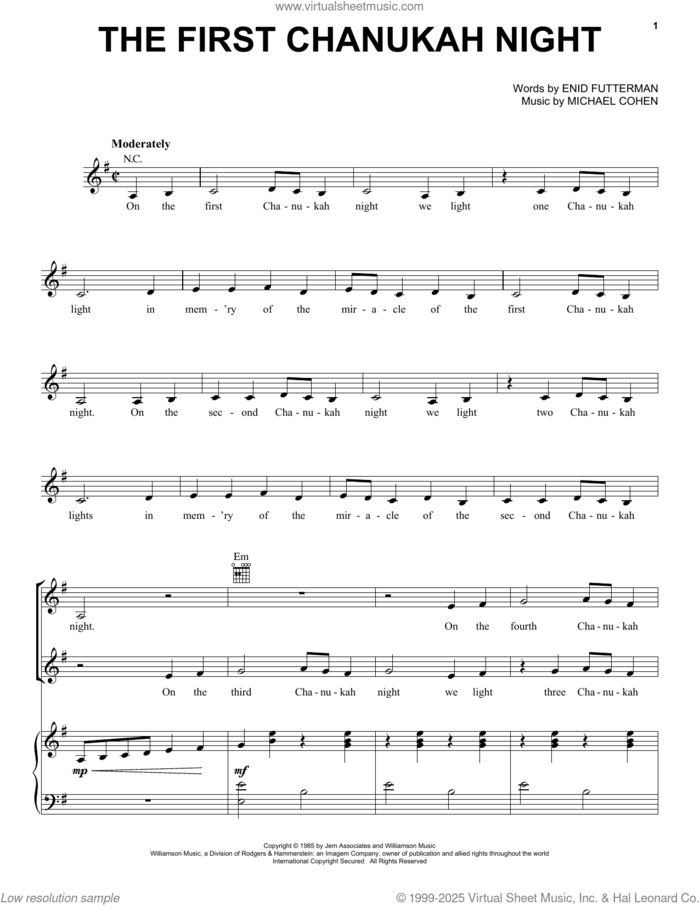 The First Chanukah Night (from Yours, Anne) sheet music for voice, piano or guitar by Enid Futterman and Michael Cohen, intermediate skill level