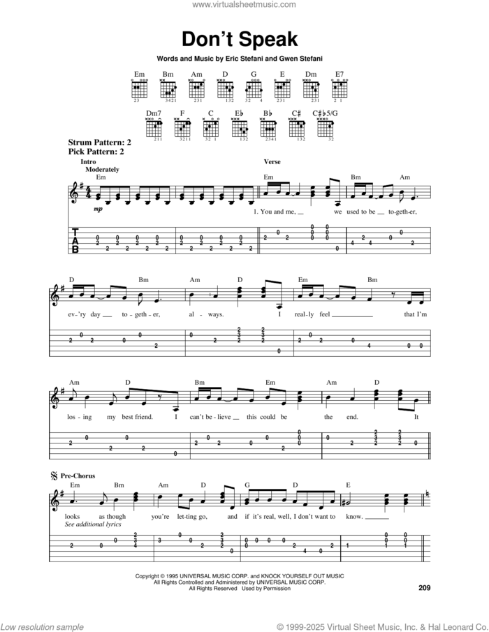 Don't Speak sheet music for guitar solo (easy tablature) by No Doubt, Eric Stefani and Gwen Stefani, easy guitar (easy tablature)