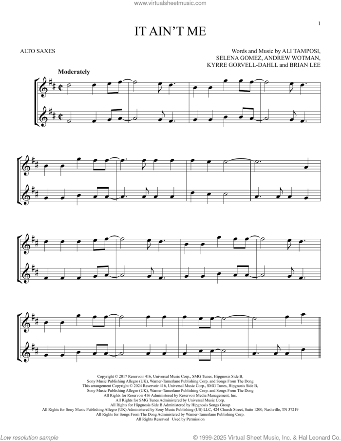 It Ain't Me sheet music for two alto saxophones (duets) by Kygo and Selena Gomez, Ali Tamposi, Andrew Wotman, Brian Lee, Kyrre Gorvell-Dahll and Selena Gomez, intermediate skill level