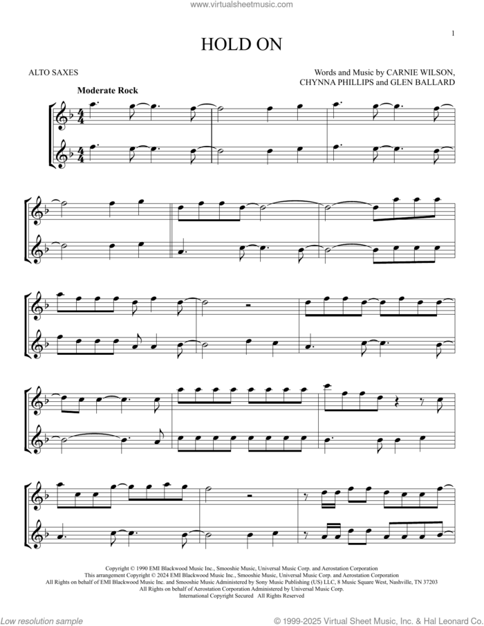 Hold On sheet music for two alto saxophones (duets) by Wilson Phillips, Carnie Wilson, Chynna Phillips and Glen Ballard, intermediate skill level