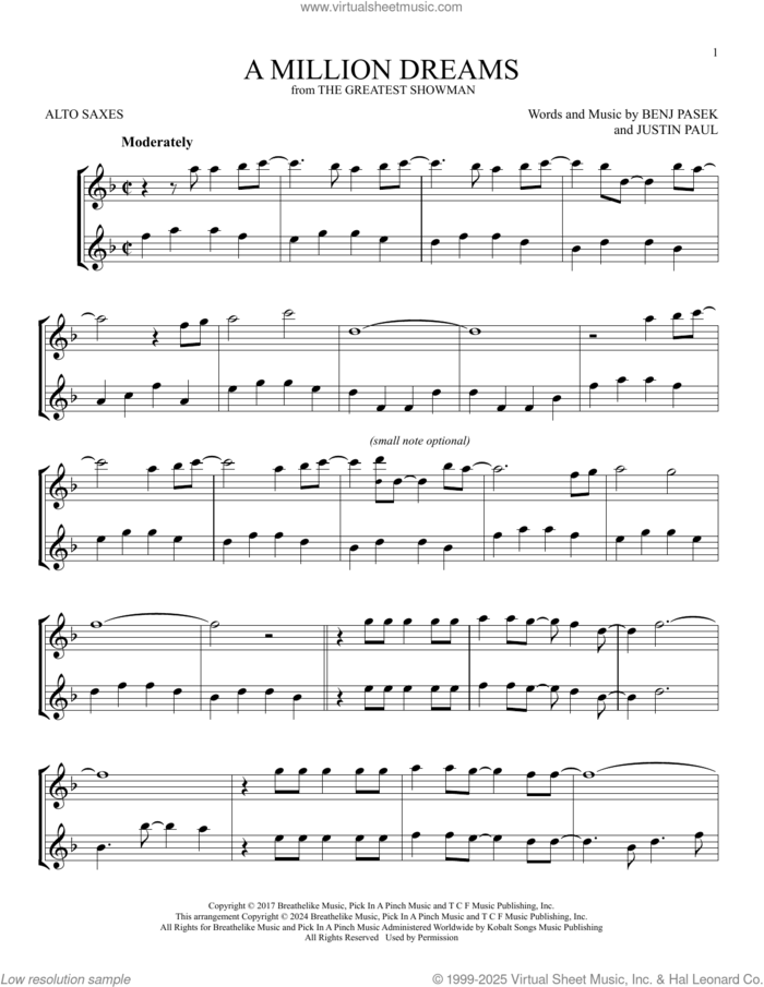 A Million Dreams (from The Greatest Showman) sheet music for two alto saxophones (duets) , Benj Pasek and Justin Paul, intermediate skill level