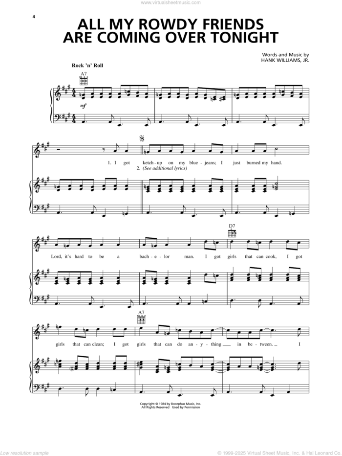 All My Rowdy Friends Are Coming Over Tonight sheet music for voice, piano or guitar by Hank Williams, Jr., intermediate skill level