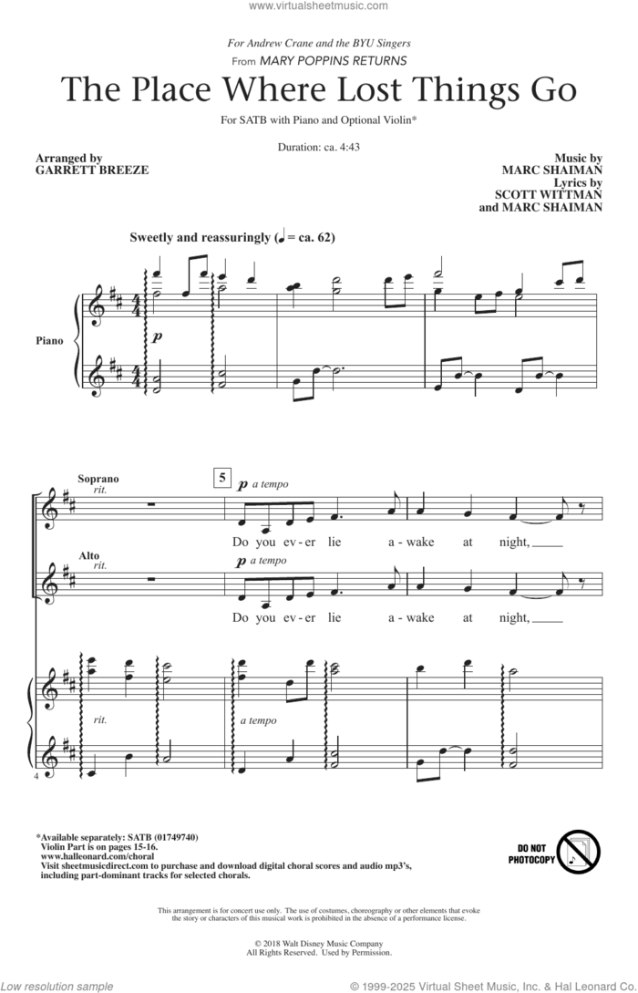 The Place Where Lost Things Go (from Mary Poppins Returns) sheet music for choir (SATB: soprano, alto, tenor, bass) by Marc Shaiman & Scott Wittman, Garrett Breeze, Marc Shaiman and Scott Wittman, intermediate skill level