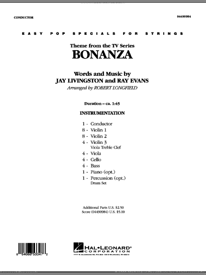 Bonanza (COMPLETE) sheet music for orchestra by Jay Livingston, Ray Evans and Robert Longfield, intermediate skill level