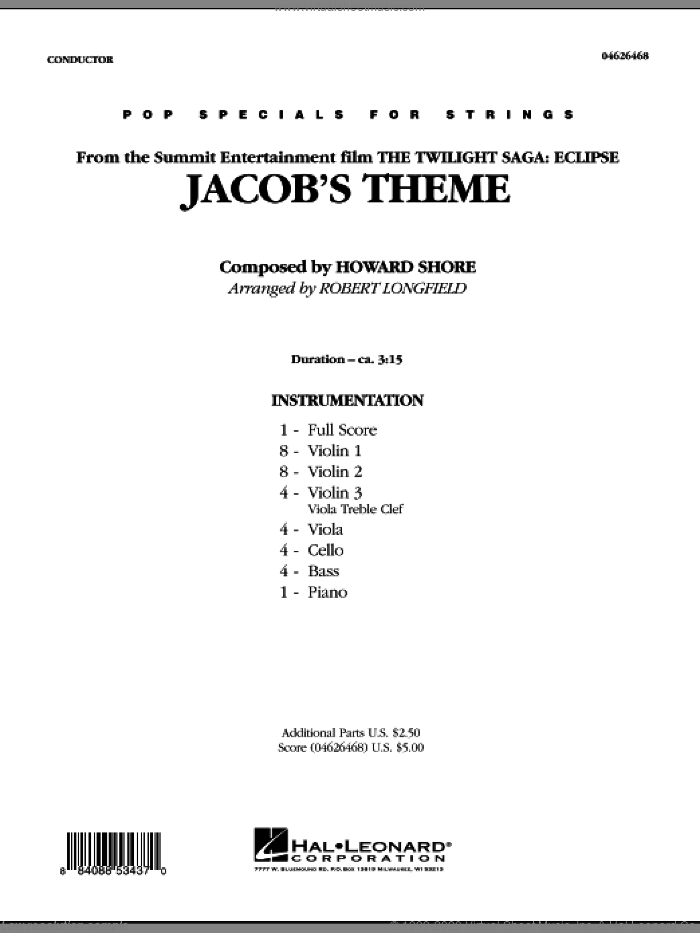 Jacob's Theme (from The Twilight Saga: Eclipse) (COMPLETE) sheet music for orchestra by Howard Shore and Robert Longfield, intermediate skill level