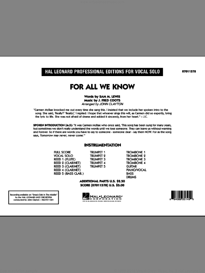 For All We Know (COMPLETE) sheet music for jazz band by J. Fred Coots, Sam Lewis, Carmen McRae, Carpenters and John Clayton, intermediate skill level