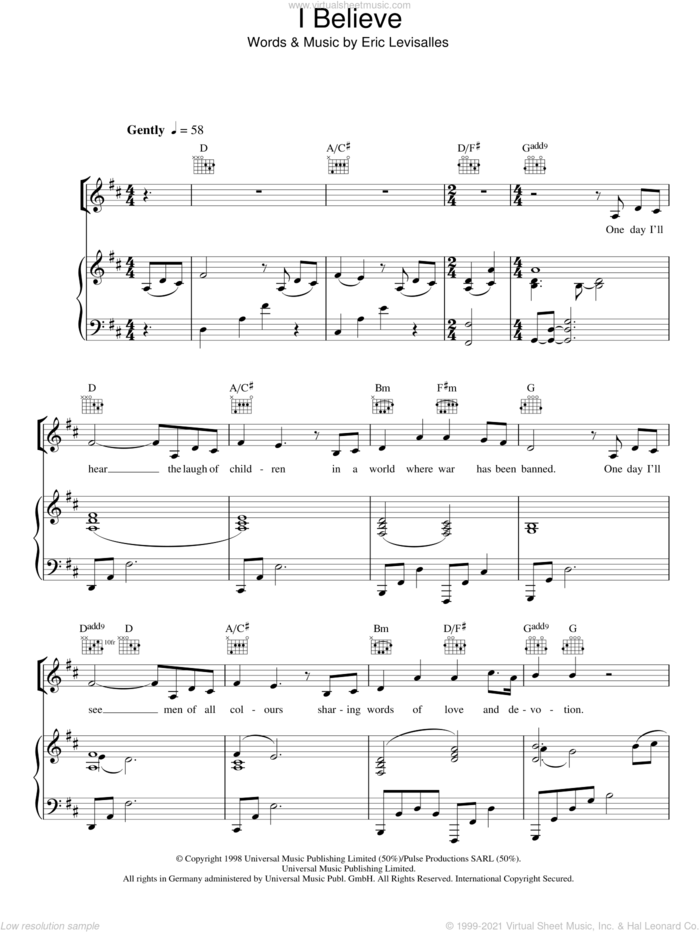 I Believe sheet music for voice, piano or guitar by Aled Jones and Eric Levisalles, intermediate skill level