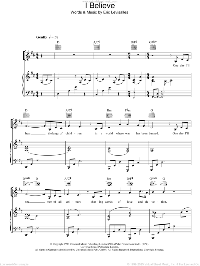 I Believe sheet music for voice, piano or guitar by Aled Jones and Eric Levisalles, intermediate skill level