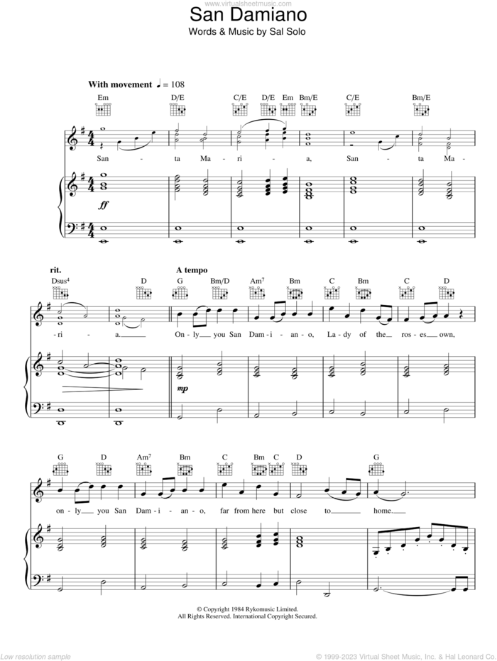 San Damiano sheet music for voice, piano or guitar by Aled Jones and Sal Solo, intermediate skill level