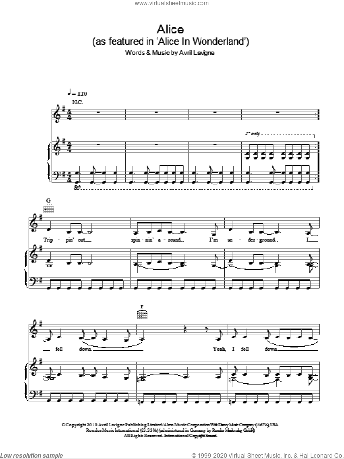 Alice sheet music for voice, piano or guitar by Avril Lavigne and Alice In Wonderland (Movie), intermediate skill level