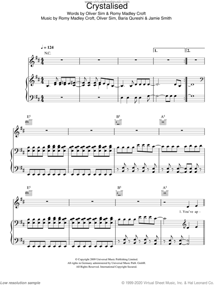 Crystalised sheet music for voice, piano or guitar by The XX, Baria Qureshi, Jamie Smith, Oliver Sim and Romy Madley Croft, intermediate skill level