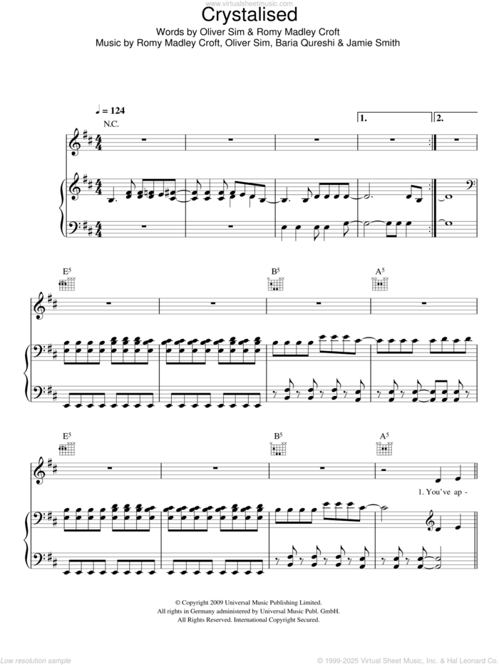 Crystalised sheet music for voice, piano or guitar by The XX, Baria Qureshi, Jamie Smith, Oliver Sim and Romy Madley Croft, intermediate skill level