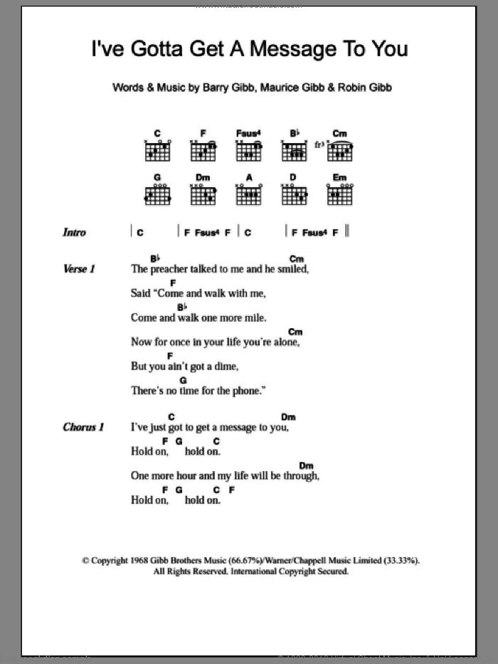 I've Gotta Get A Message To You sheet music for guitar (chords) by Bee Gees, Barry Gibb, Maurice Gibb and Robin Gibb, intermediate skill level