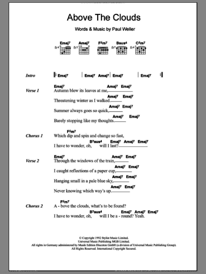 Above The Clouds sheet music for guitar (chords) by Paul Weller, intermediate skill level