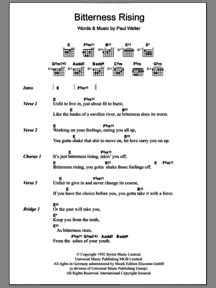 Bitterness Rising sheet music for guitar (chords) by Paul Weller, intermediate skill level