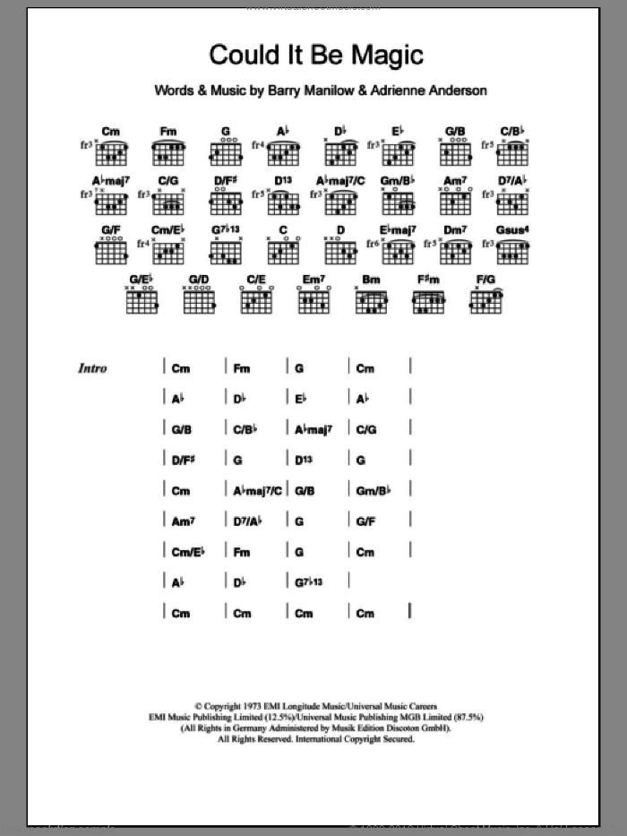 Could It Be Magic sheet music for guitar (chords) by Barry Manilow and Adrienne Anderson, intermediate skill level