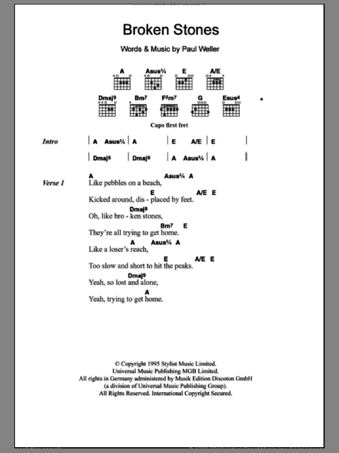 Broken Stones sheet music for guitar (chords) by Paul Weller, intermediate skill level