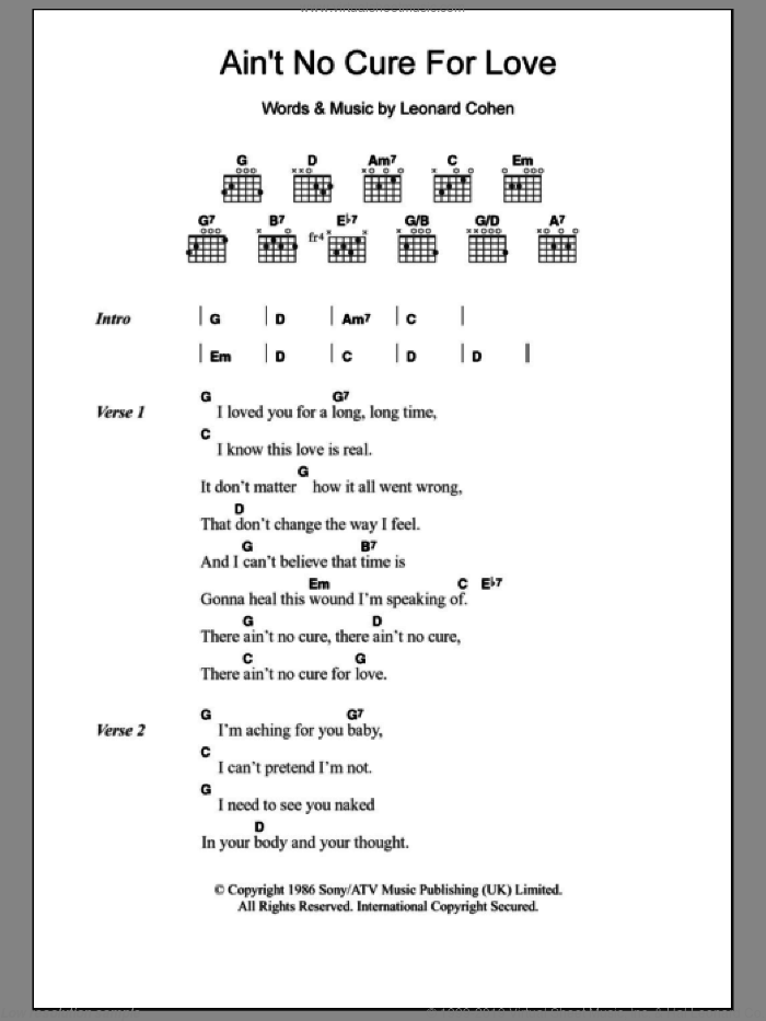 Ain't No Cure For Love sheet music for guitar (chords) by Leonard Cohen and Jennifer Warnes, intermediate skill level
