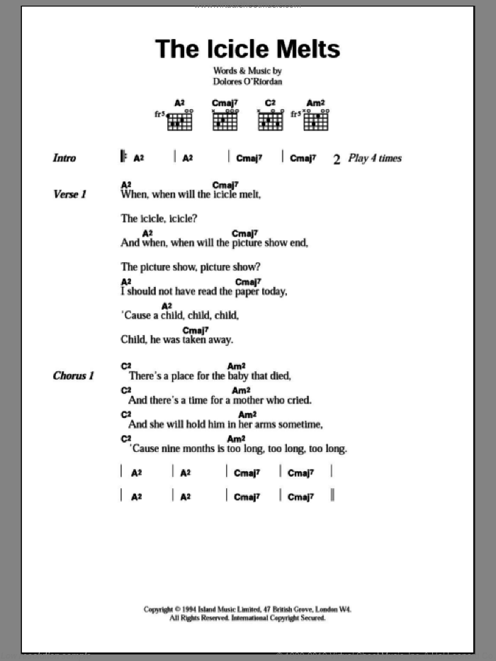 The Icicle Melts sheet music for guitar (chords) by The Cranberries, intermediate skill level