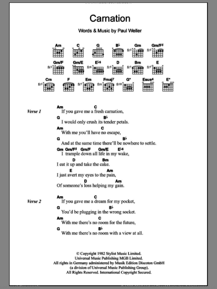 Carnation sheet music for guitar (chords) by The Jam and Paul Weller, intermediate skill level
