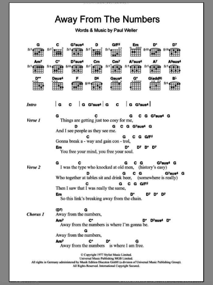 Away From The Numbers sheet music for guitar (chords) by The Jam and Paul Weller, intermediate skill level