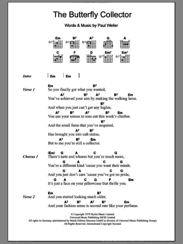 The Butterfly Collector sheet music for guitar (chords) by The Jam and Paul Weller, intermediate skill level