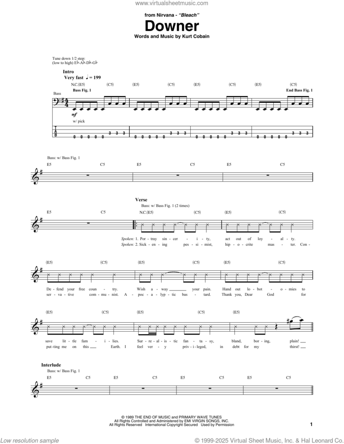 Downer sheet music for bass (tablature) (bass guitar) by Nirvana and Kurt Cobain, intermediate skill level