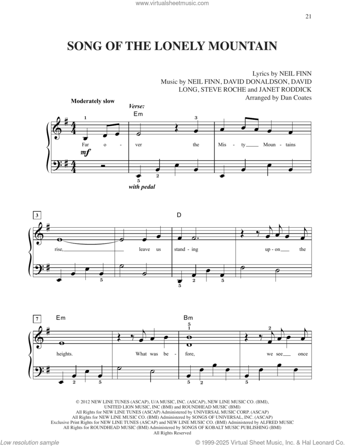 Song Of The Lonely Mountain (from The Hobbit: An Unexpected Journey) sheet music for piano solo by Neil Finn and David Donaldson, easy skill level