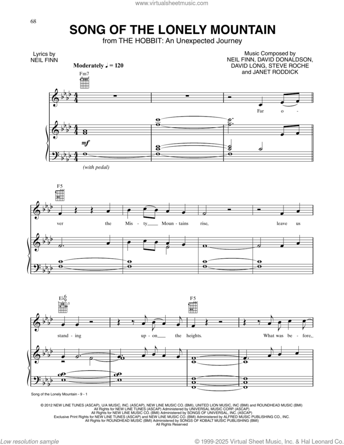 Song Of The Lonely Mountain (from The Hobbit: An Unexpected Journey) sheet music for voice, piano or guitar by Neil Finn and David Donaldson, intermediate skill level