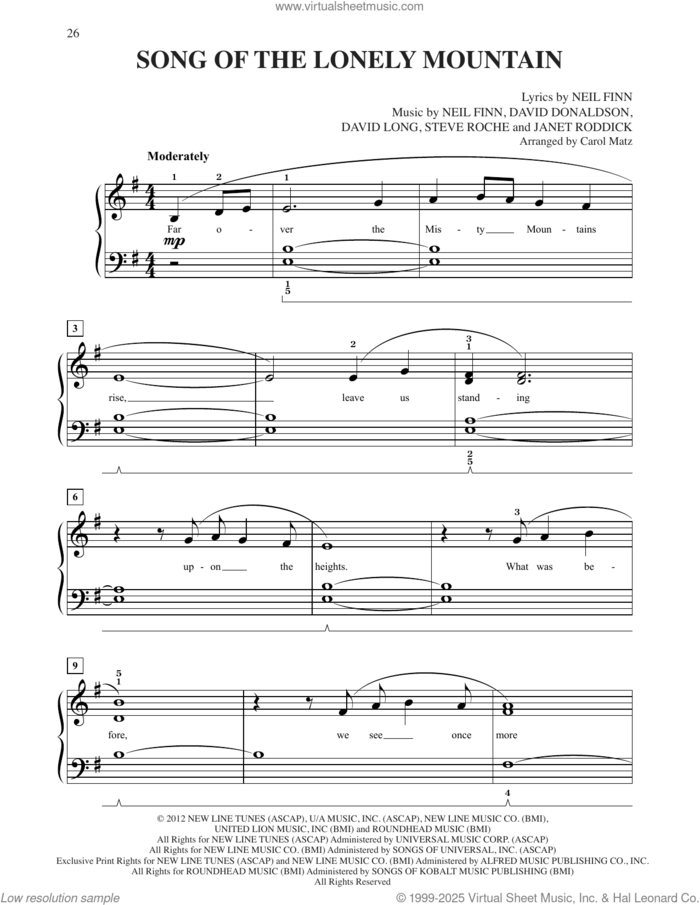 Song Of The Lonely Mountain (from The Hobbit: An Unexpected Journey) sheet music for piano solo (big note book) by Neil Finn and David Donaldson, easy piano (big note book)