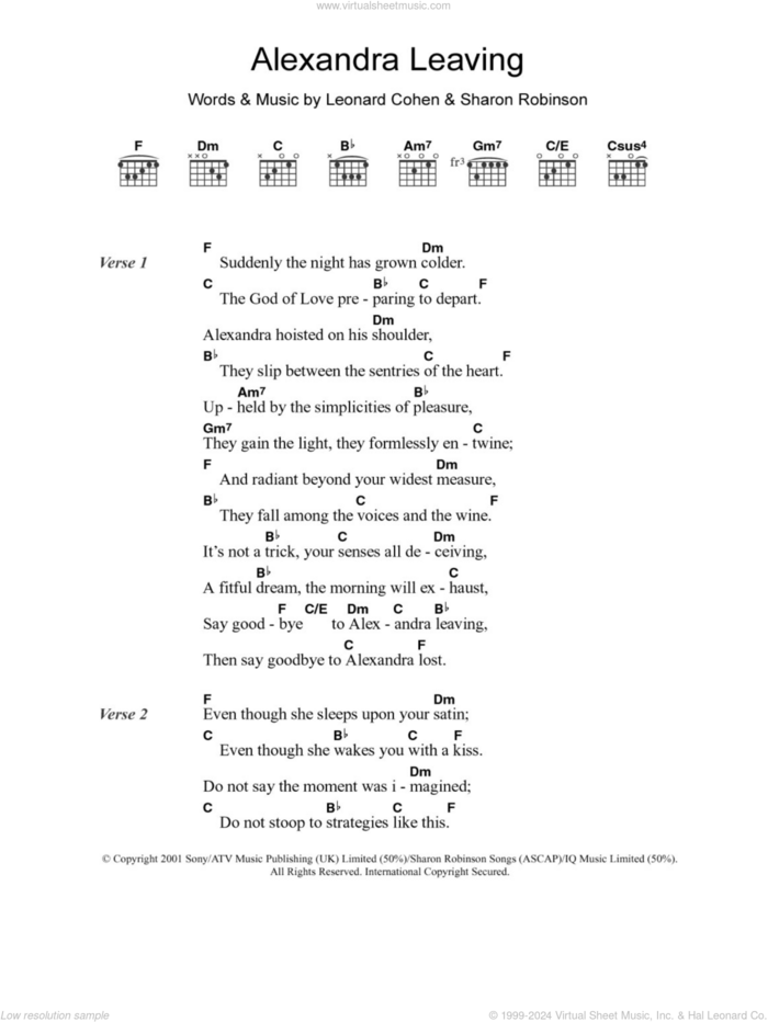 Alexandra Leaving sheet music for guitar (chords) by Leonard Cohen and Sharon Robinson, intermediate skill level