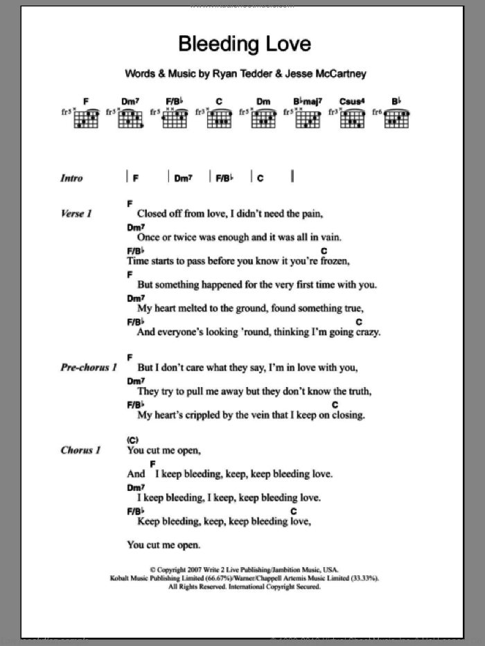 Bleeding Love sheet music for guitar (chords) by Leona Lewis, Jesse McCartney and Ryan Tedder, intermediate skill level