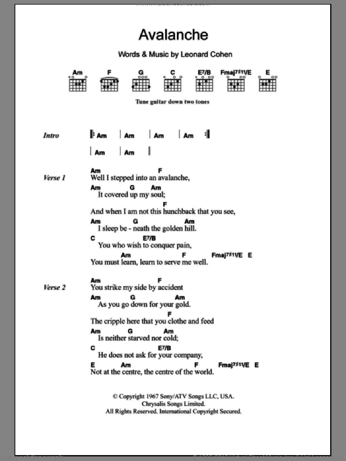 Avalanche sheet music for guitar (chords) by Leonard Cohen, intermediate skill level