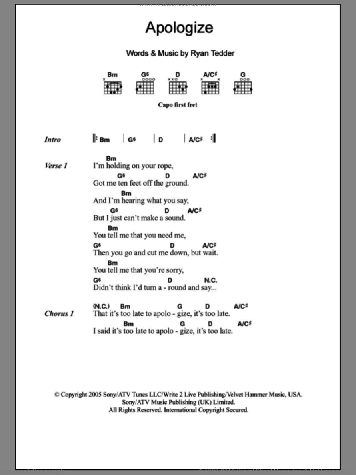 Apologize sheet music for guitar (chords) by OneRepublic and Ryan Tedder, intermediate skill level